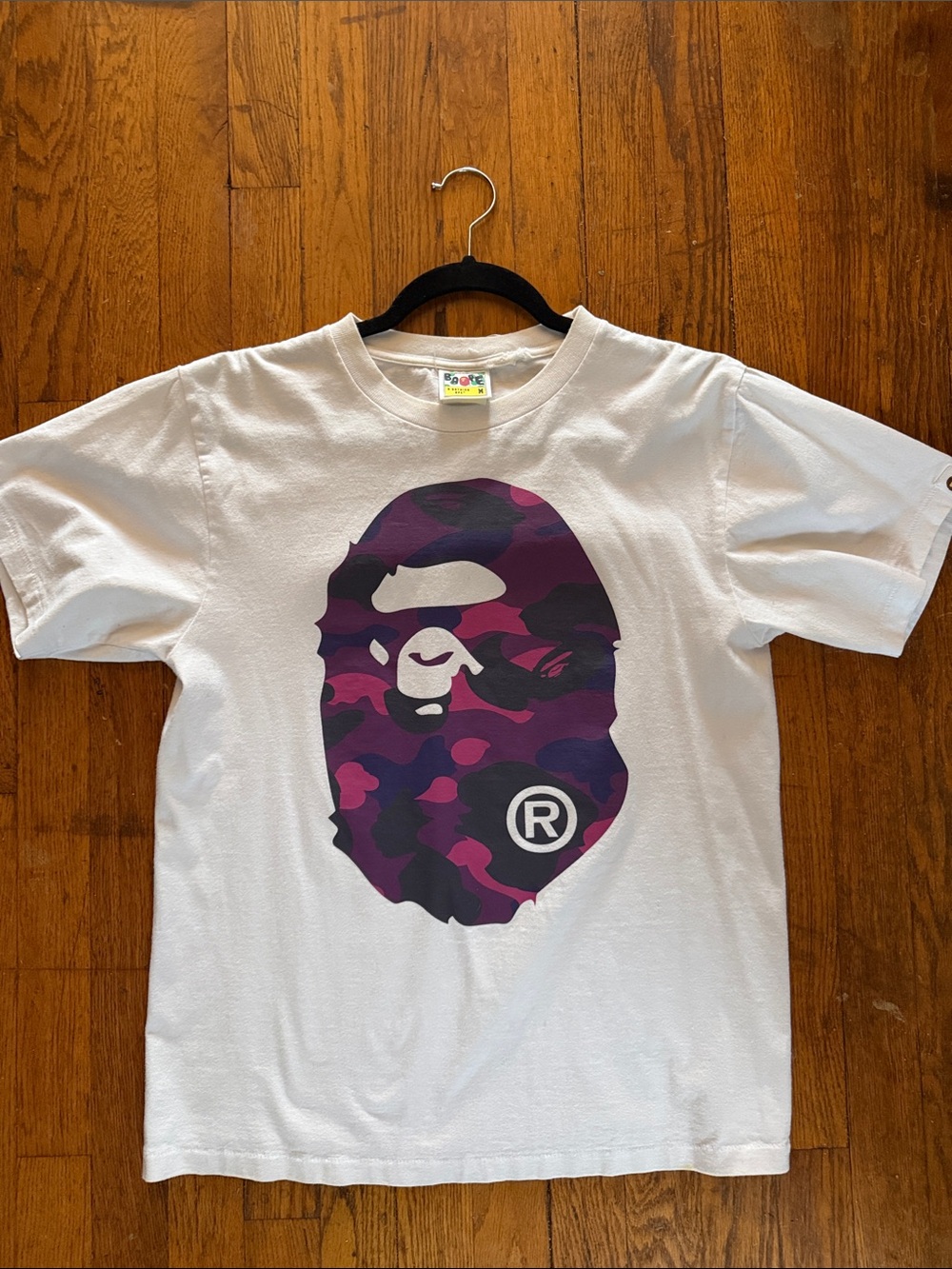 Bape White Tee with Purple Camo Ape Head